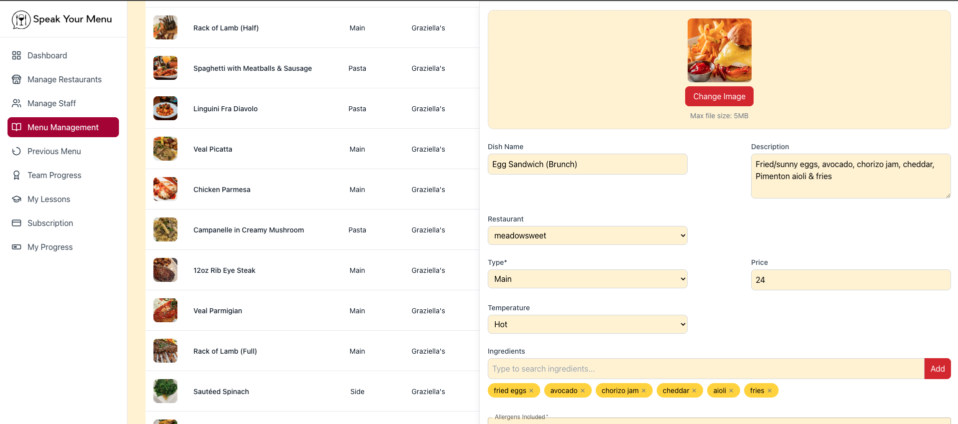 Menu setup screen for uploading dishes, ingredients, allergens, and dietary tags